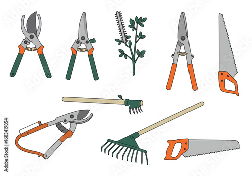 Gardening tools are organized shears saws rakes and trimmers are illustrated on a white background