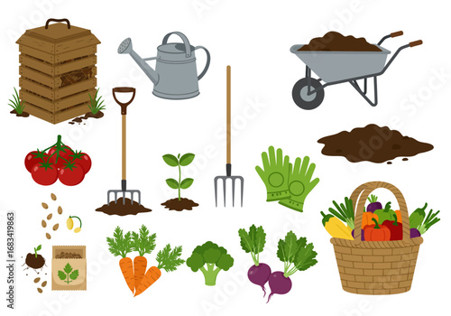 Gardening tools  crops composter watering can wheelbarrow vegetables  more