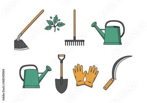 Gardening tools hoe leaf rake watering can shovel gloves  sickle