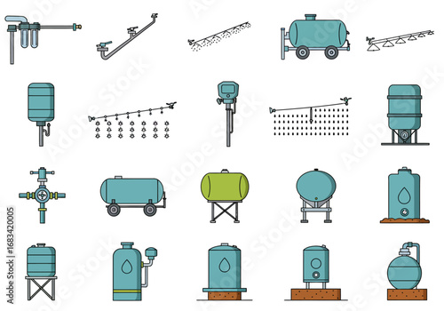 Image shows various irrigation equipment  water storage tank illustrations
