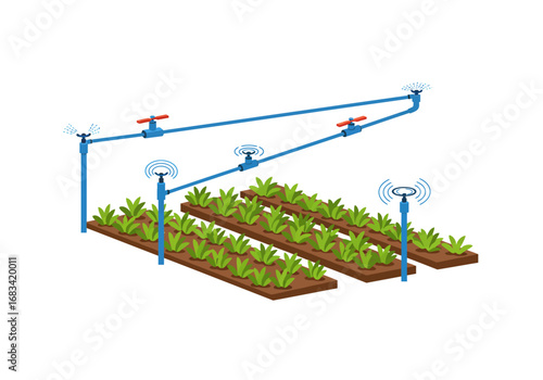 Irrigation system over crops blue pipes red valves green plants brown soil and blue wireless sensors