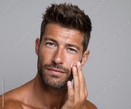 Close-up of a man applying facial cream to his cheek, highlighting healthy skin and grooming.