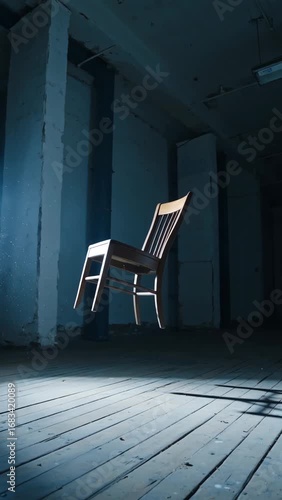 Video of Defying Gravity: An eerie wooden chair levitates in a shadowy, cold, and desolated room, bathed in an enigmatic light that evokes a sense of suspense and mystery. 