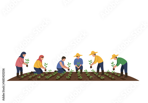 People planting seedlings in a field wearing diverse clothing and hats