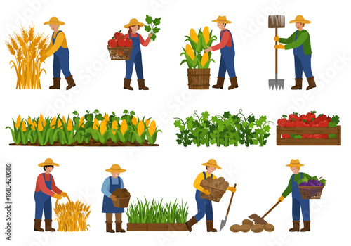 Various farmers harvest crops such as wheat corn potatoes and apples