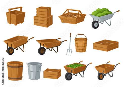 Vector image features various wooden metal harvest containers like baskets crates  wheelbarrows also a pitchfork