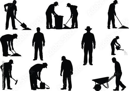 Silhouette of Workers Performing Various Outdoor Tasks with Tools Including Shovel, Wheelbarrow, Watering Can, and Gardening Equipment