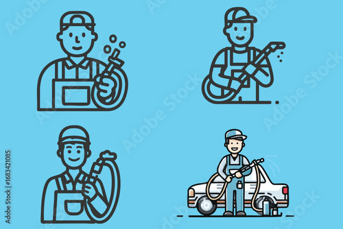 Set of illustration line art Car wash employee