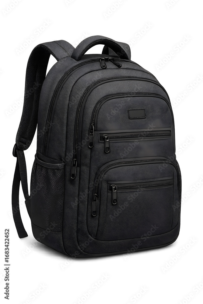 Fototapeta premium Black School Backpack with Multiple Zipper Pockets Isolated 