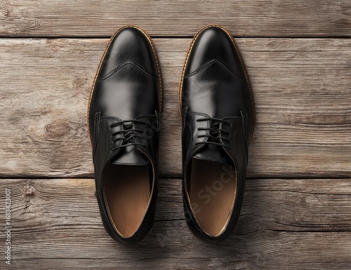 Black leather derby shoes on wood