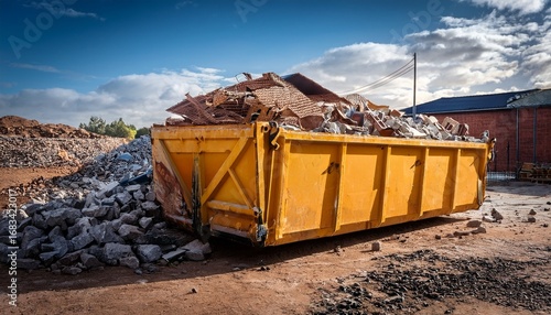 demolition debris container filled with rubble from construction waste and site cleanup efforts