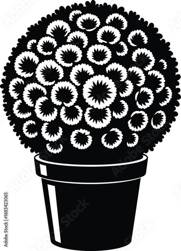 Vector illustration of a potted round flower topiary in silhouette style, perfect for garden decor, botanical design, and floral projects.