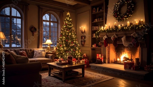 Cozy Christmas living room with a decorated tree and fireplace.  Warm interior scene