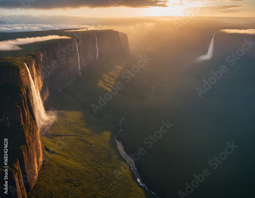 realistic aerial view of Mount Roraima, the mysterious flat-topped mountain rising through the clouds at sunrise, surrounded by endless misty rainforest.