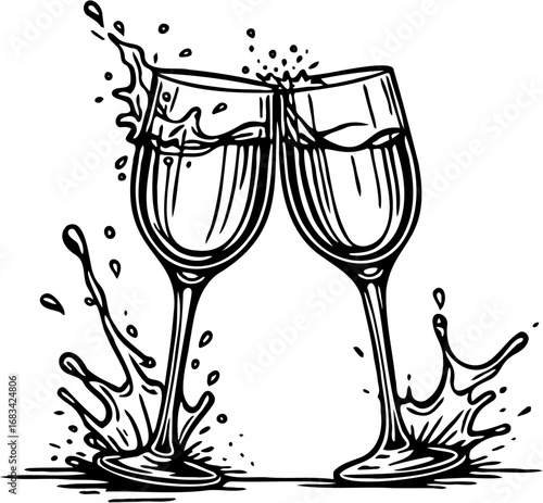 silhouette illustration of two wine glasses making a toast with liquid splashing out
