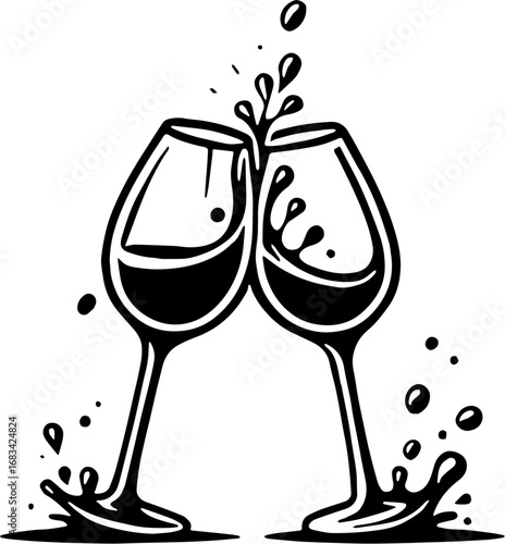 silhouette illustration of two wine glasses making a toast with liquid splashing out
