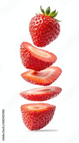 Deconstructed Strawberry: Floating Slices on White, Fresh and Vibrant Detail