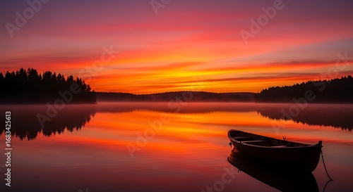 Fototapeta Naklejka Na Ścianę i Meble -  Boat on a calm lake reflecting a vibrant sunset with forest silhouette in the background view scene