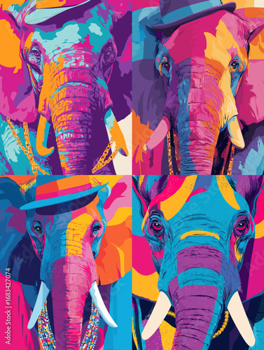 Pop art illustration of elephants with bold colors and accessories, expressing creativity, wildlife beauty, and modern artistic interpretation of majestic animals.
