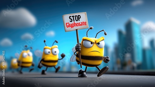 Abeilles cartoon en manifestation tenant une pancarte Stop Glyphosate