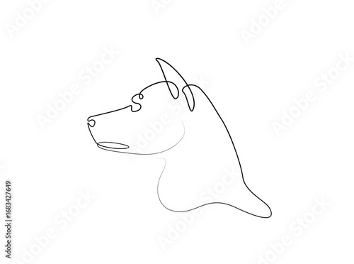 Dog head in single outline illustration. Continuous line art drawing of puppy head Editable stroke.