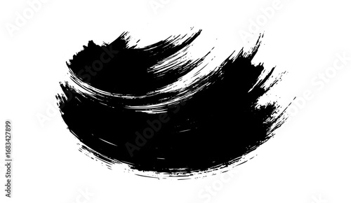 The image showcases a bold, circular design composed of overlapping black brush strokes creating a textured effect against a stark white backdrop, with an artistic grunge feel