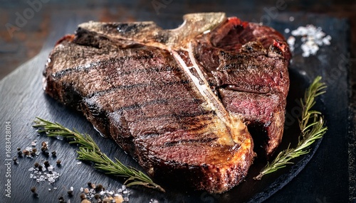 dry aged barbecue porterhouse steak t bone beef steak sliced with large fillet piece with herbs and salt american meat restaurant