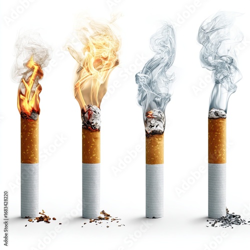 Four cigarettes at different stages of burning, showing smoke and ash