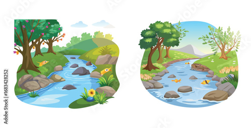 Flowing river beside trees natural scenery vector art design illustration