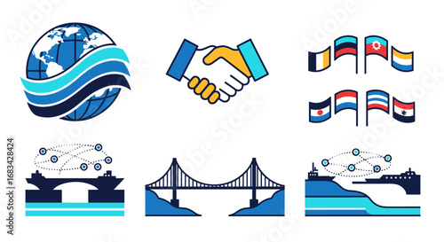 A collection of flat design vector icons representing global logistics, maritime shipping, and international business