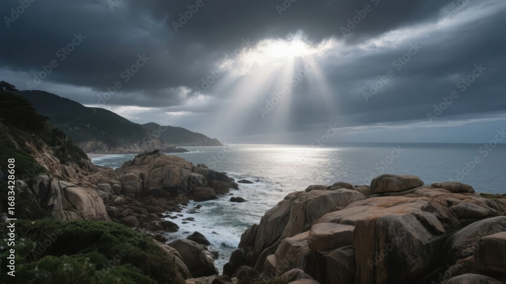Obraz premium Dramatic coastal scene with sunlight piercing through storm clouds over rocky shores and calm sea
