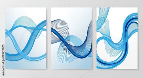 Three abstract artworks featuring blue wavy lines on a white background in a vertical format