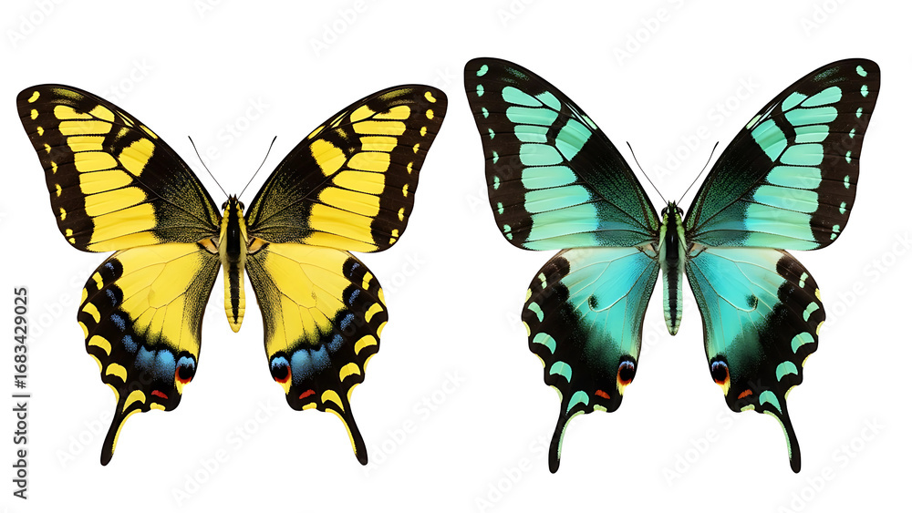 Obraz premium Two butterflies isolated on white background, yellow and blue butterfly insect nature wildlife art 100 on transparent background