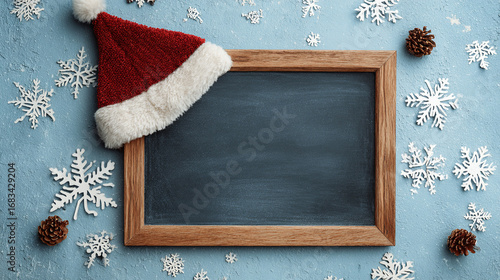 Blank chalkboard with Santa hat - Festive Christmas background - Holiday decoration