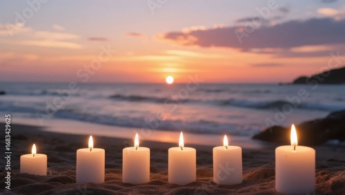 Six lit candles arranged on a sandy beach at sunset, with waves and a colorful sky in the background.