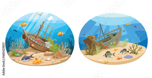 Sunken broken ship under water scene vector art design illustration