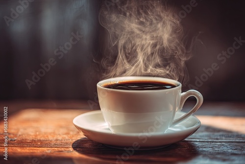 A steaming cup of dark coffee on a wooden table