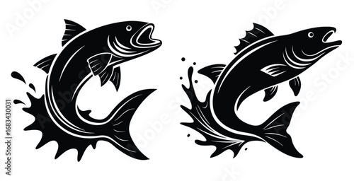 Silhouette of Fish Leaping out of water animal black vector art design illustration