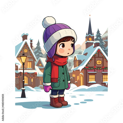 A small girl plays inside her home, then goes out to play in the snow