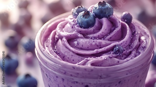 Wallpaper Mural A close-up shot reveals a delicious blueberry smoothie topped with fresh blueberries, swirled into a creamy, smooth texture and vibrant purple color so delectable. Torontodigital.ca