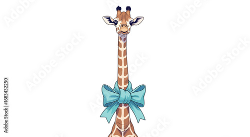 Close-up illustration of a cute cartoon giraffe adorned with a light blue bow around its neck. The giraffe is depicted from the chest up, facing directly forward