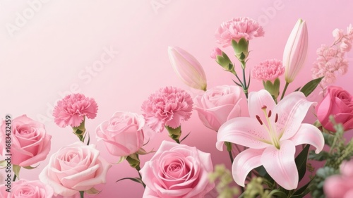 Elegant Bouquet of Pink Roses and Lilies Against a Soft Pink Background
