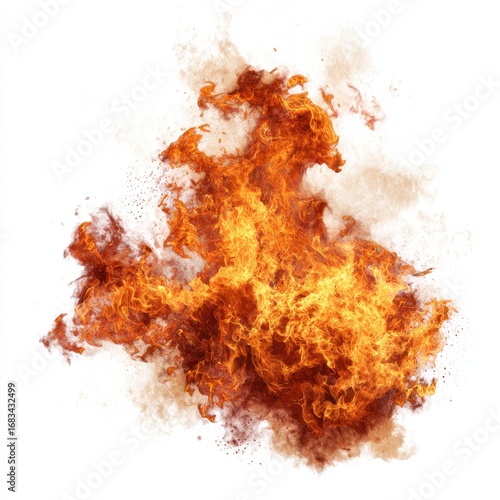 Fiery explosion burst against white