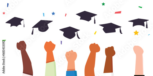 Vector flat illustration of several hands throwing school graduation caps upwards with enthusiasm and colorful ribbons scattered, suitable for graduation celebration, graduation ceremony and school ce