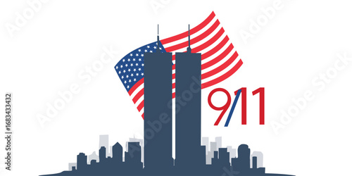A clean vector flat art of Patriot Day September 11 showing twin towers silhouette, American skyline, waving USA flag, and blue sky, ideal for social media posts.