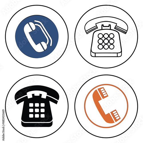 Four round icons displaying different styles of telephone handsets and landline phones in various colors