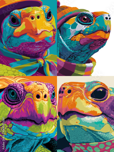 Vivid pop art turtle portraits in abstract rainbow tones, colorful reptile illustration with modern and funky artistic design.