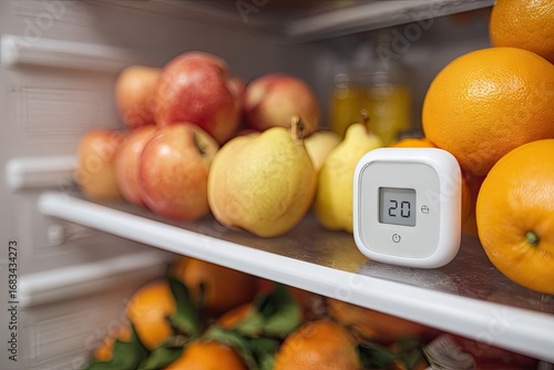 Smart Digital Thermometer Monitoring Temperature in a Refrigerator Full of Fresh Fruits.
