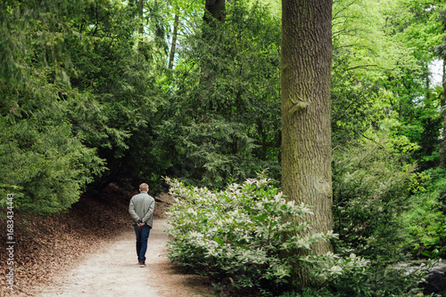 A man walking alone in a large park.