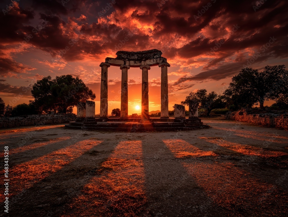 Naklejka premium A sunset over a cemetery with a large stone structure
